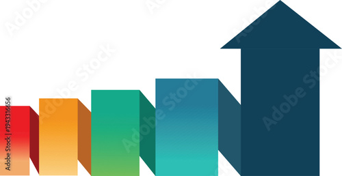 3d ascending bar chart with upward arrow five colorful bars business growth data visualization flat vector illustration isolated background.
