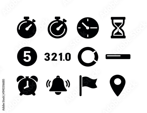Solid vector icons of countdown timer: timer, stopwatch, clock, hourglass, countdown, digits, progressring, progressbar, alarm,