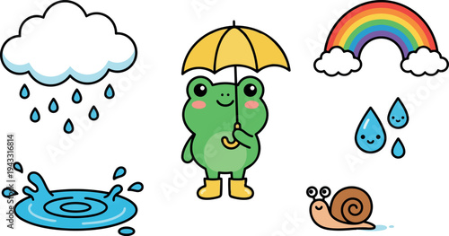 Cute smiling green frog holding yellow umbrella wearing matching boots next to colorful rainbow with raindrops and snail in cartoon style
