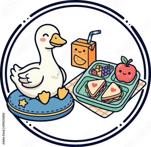 Cute cartoon duck sitting on blue pillow smiling with lunch tray containing heart sandwich fruits and orange juice box smiling happy expression