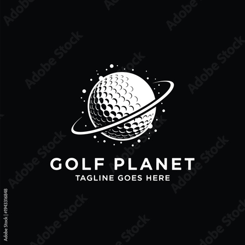 Conceptual Golf Ball Planet with Rings and Stellar Orbits, Sport and Space Fusion Graphic Design