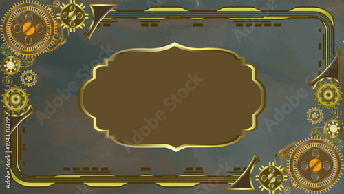 Elegant steampunk frame with golden gears, mechanical parts and vintage ornaments on grunge metal background. Luxury industrial banner template with copy space, retro technology style border design fo