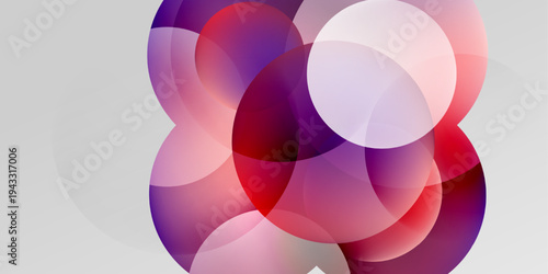 Abstract composition featuring overlapping translucent circles. Colors range from deep purple, red, to pale white gradients. Minimalist design.