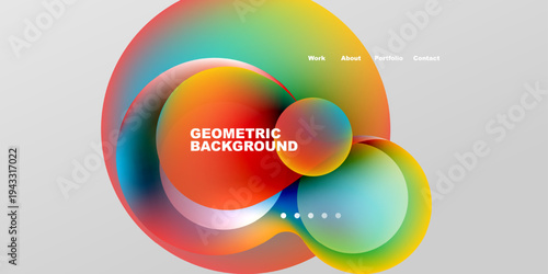 Abstract colorful shapes overlap. Gradient hues create dynamic visual effect. Minimalist text displays website navigation options. Modern design.