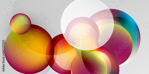 Abstract colorful circles overlap, creating vibrant gradients. Soft hues blend into dark background. Modern design element.