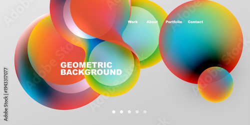 Abstract colorful shapes overlap. Gradient hues create dynamic visual effect. Text elements present work, about, portfolio, contact details.