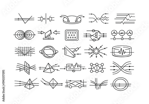 Line vector icons of photonic decision circuits: refractive beam gates, pulse comparison nodes, cavity reflection arcs,