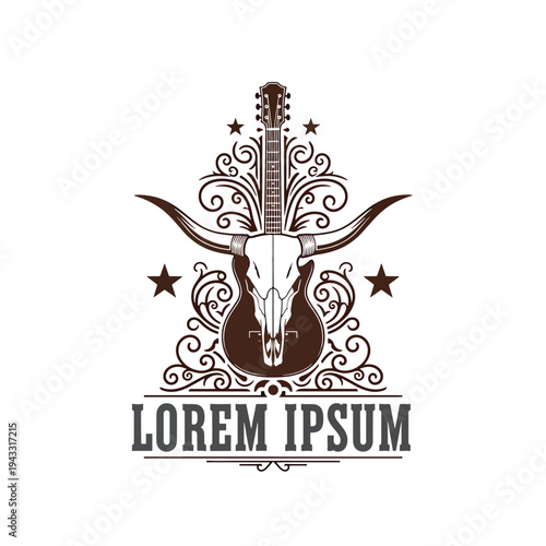 Rustic Country Music Emblem with Bull Skull and Guitar Vector Illustration