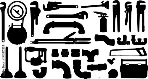 Plumbing tools silhouette, Plumbers equipment silhouettes set
