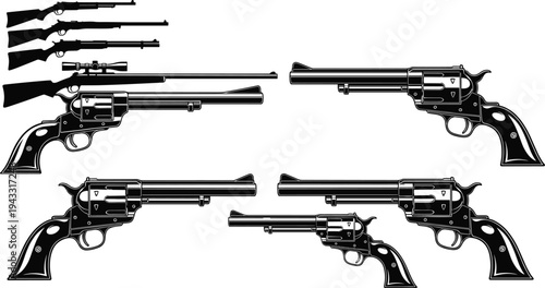 Wild west revolver and rifle set, vintage handgun and firearm vector collection, cad drawing flat vector illustration, western weapon icons