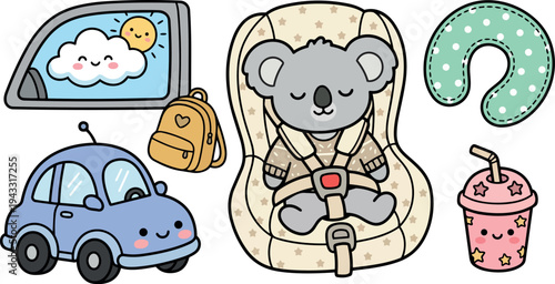 Cute koala sleeping in star patterned baby car seat with blue smiling car and pastel pink drink in kawaii style vector art