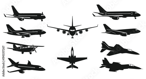 Variety of aircraft designs presented in a striking black silhouette