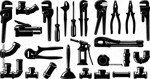 Plumbing tools silhouette, Plumbers equipment silhouettes set
