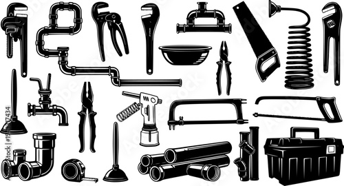 Plumbing tools silhouette, Plumbers equipment silhouettes set
