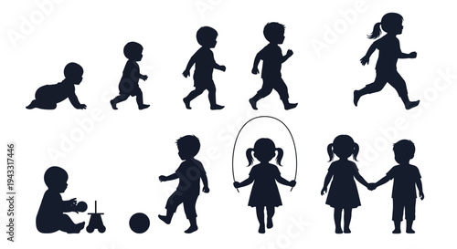 A progression of childhood stages depicted in black silhouette