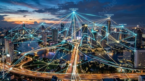 Cityscape at dusk with glowing network connections and traffic lights on roads and highways
