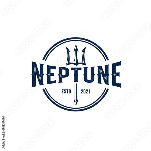 Vintage style marine brand emblem with mythological trident graphic illustration
