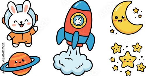 Cute astronaut bunny in orange suit waving with smiling cartoon rocket spaceship and happy crescent moon with playful stars in space theme