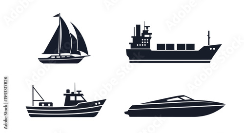 Various sea vessels depicted in a bold graphic silhouette