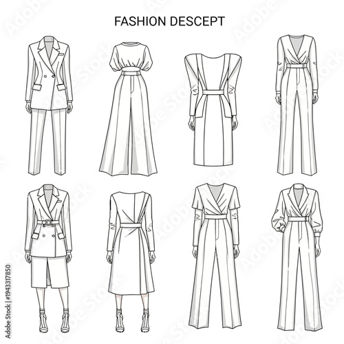 Collection of elegant women's fashion sketches featuring tailored suits, jumpsuits, and dresses with sophisticated silhouettes and design details.