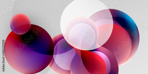 Abstract circles overlap, creating vibrant gradients. Red, purple, blue hues dominate dark background. Minimalist design.