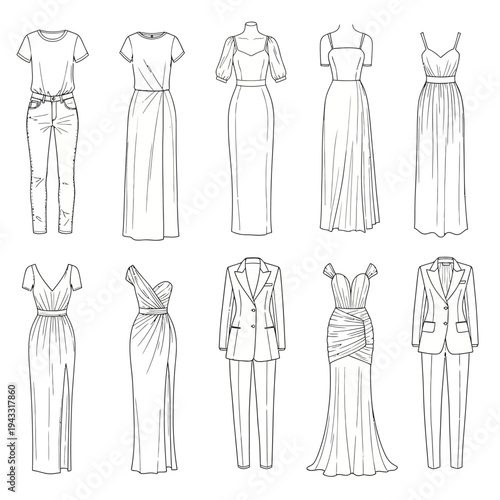 Collection of elegant women's fashion illustrations showcasing dresses, suits, and casual wear in a clean, minimalist line art style.