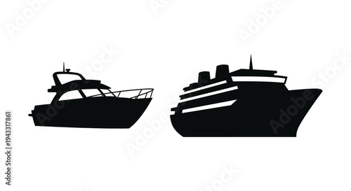 Two contrasting vessels a yacht and cruise ship in black silhouette