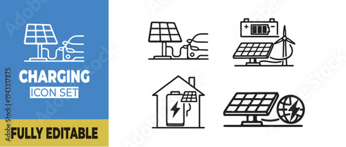 Minimalist Solar Energy and EV Charging Line Icon Set with Battery Storage and Smart Home Power System