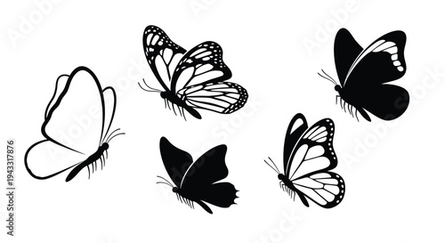 A collection of delicate butterflies depicted in a striking silhouette