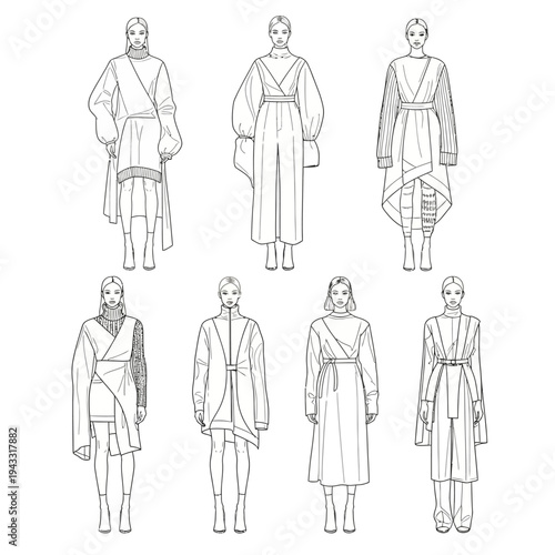 Fashion illustration showcasing a collection of avant-garde women's clothing designs with asymmetrical cuts and layered silhouettes.