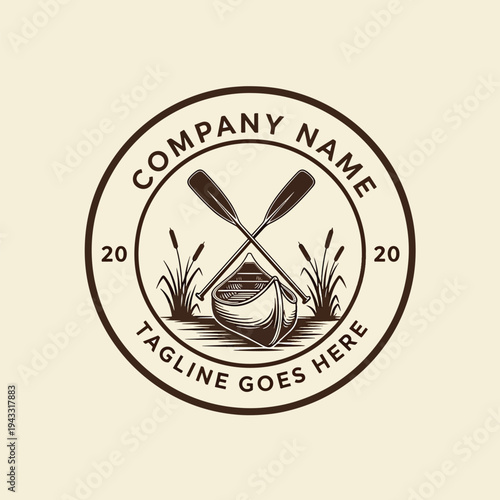 Vintage outdoor adventure emblem with canoe, crossed paddles, and cattails on calm water illustration
