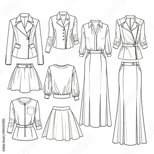 Collection of elegant women's fashion sketches featuring jackets, skirts, and blouses, showcasing classic tailoring and sophisticated design elements.