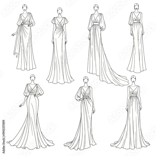 Collection of elegant floor-length gowns with various sleeve and drape styles, presented as fashion illustrations.