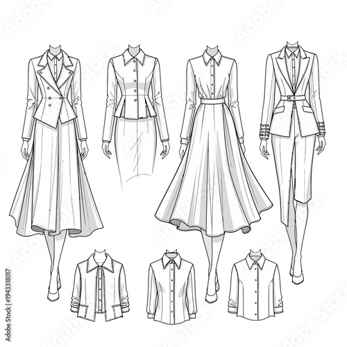 Fashion illustration showcasing a collection of elegant women's business attire, including tailored jackets, skirts, and dresses.