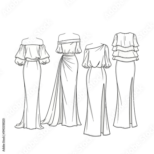 Fashion illustration of four elegant off-the-shoulder evening gowns with flowing skirts and dramatic sleeve details.