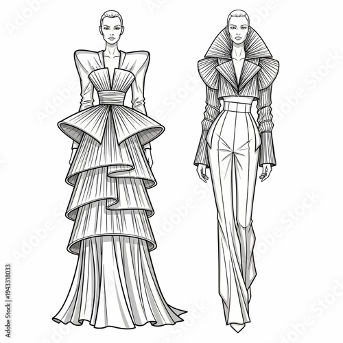 Fashion illustration showcasing two distinct haute couture outfits with dramatic silhouettes and intricate detailing.