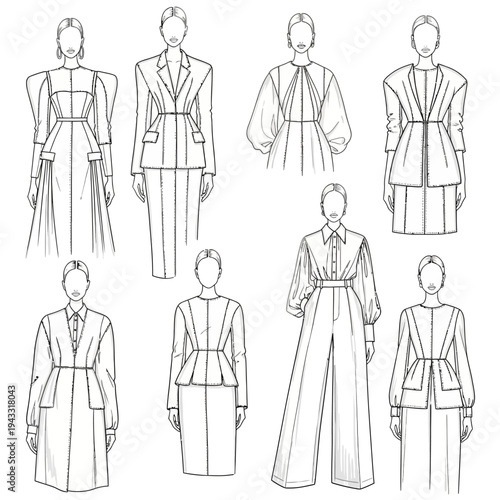 Fashion illustration showcasing a collection of avant-garde women's outfits with sharp tailoring and dramatic silhouettes.