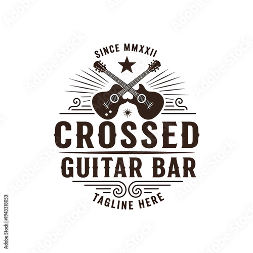 Vintage graphic design of crossed acoustic guitars logo for a music-themed bar or lounge.