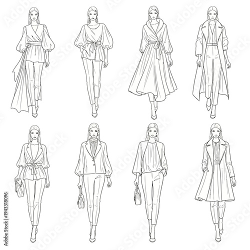 Collection of elegant fashion illustrations showcasing diverse women's apparel designs, including suits, dresses, and outerwear.