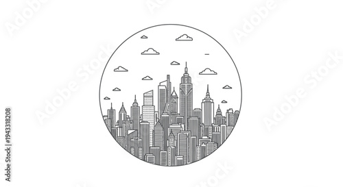 Black and white city skyline illustration.