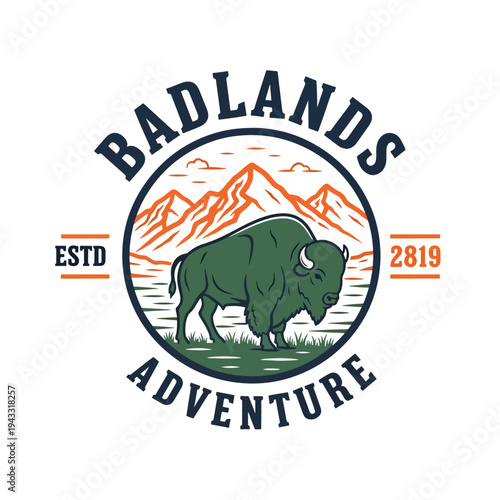 Outdoor Adventure Emblem: Majestic Bison in Mountain Landscape, Established Design