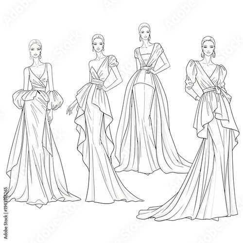 Collection of Fashionable Women's Outfits Illustrated in a Sketchy, Elegant Style.