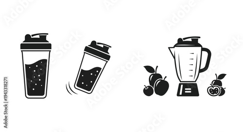 Black and white icons depicting blenders shakers and fruit silhouette