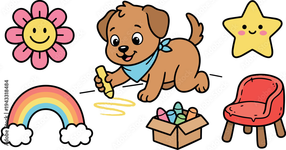 Fototapeta premium Cute cartoon puppy drawing with yellow chalk surrounded by colorful rainbow box flower star and red chair playful vector art