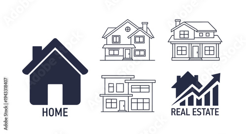 Various house designs and real estate graphics in a minimalist silhouette