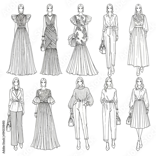 A collection of elegant fashion illustrations showcasing diverse haute couture outfits for women, presented in a clean, artistic line drawing style.