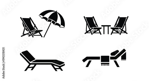 Beach chairs and umbrella depicted in a stark black silhouette