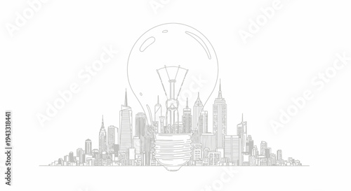 City Skyline with Light Bulb Idea.