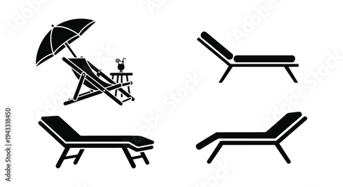 Beach lounge chairs and umbrella in a striking black silhouette