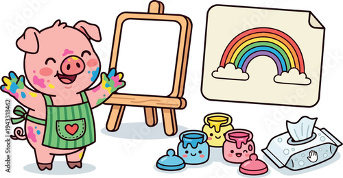 Cute cheerful piglet wearing green apron with heart painting colorful rainbow on paper with paint pots and tissue box vector art